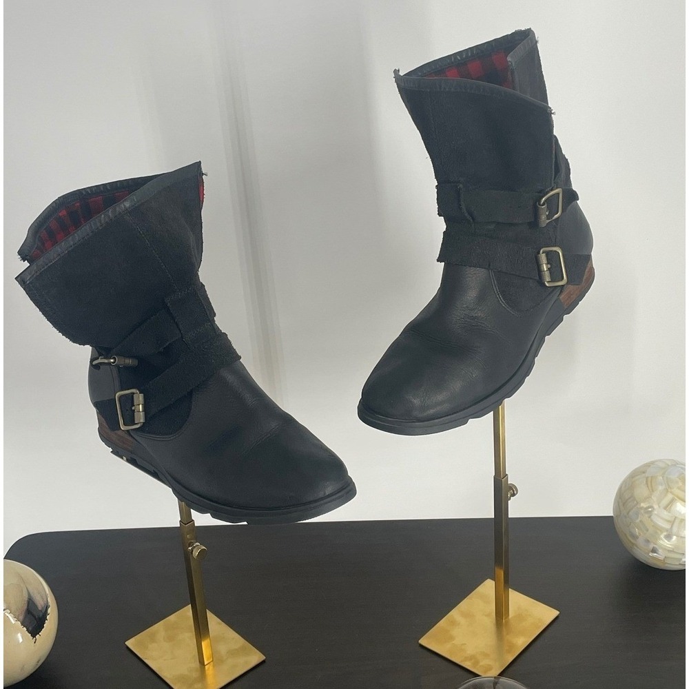 Sorel Major Moto Black Leather Plaid Lined Buckle Boots Women's Size 11